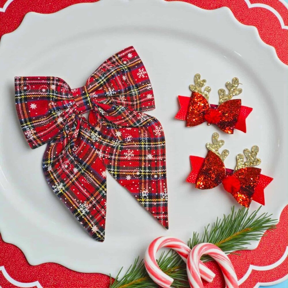 Christmas Plaid Reindeer Hair Bow Set